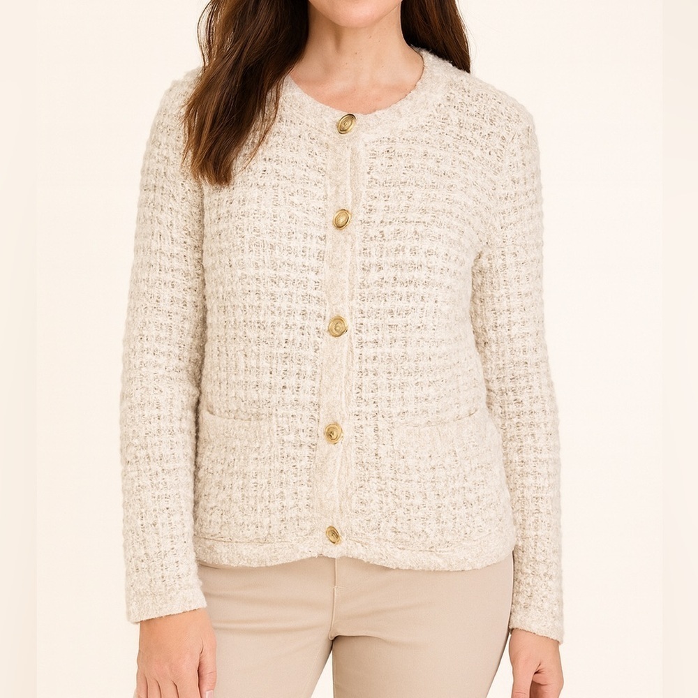 Lands End Tweed Bouclé Cardigan Jacket Sweater Women 10 Casual Old Money Classic